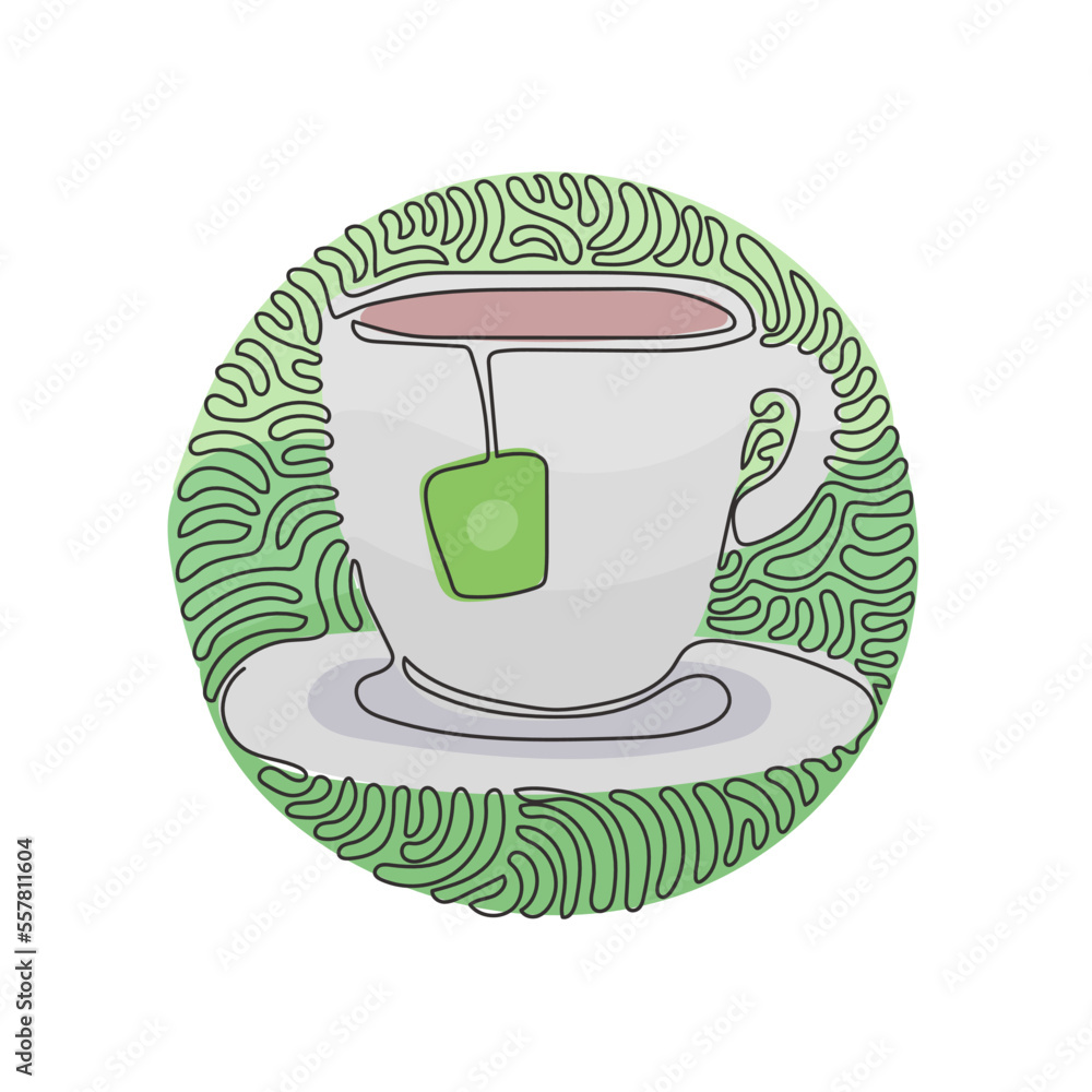 Poster single continuous line drawing cup with tea bag. hot drinks for breakfast. enjoy freshness and relax