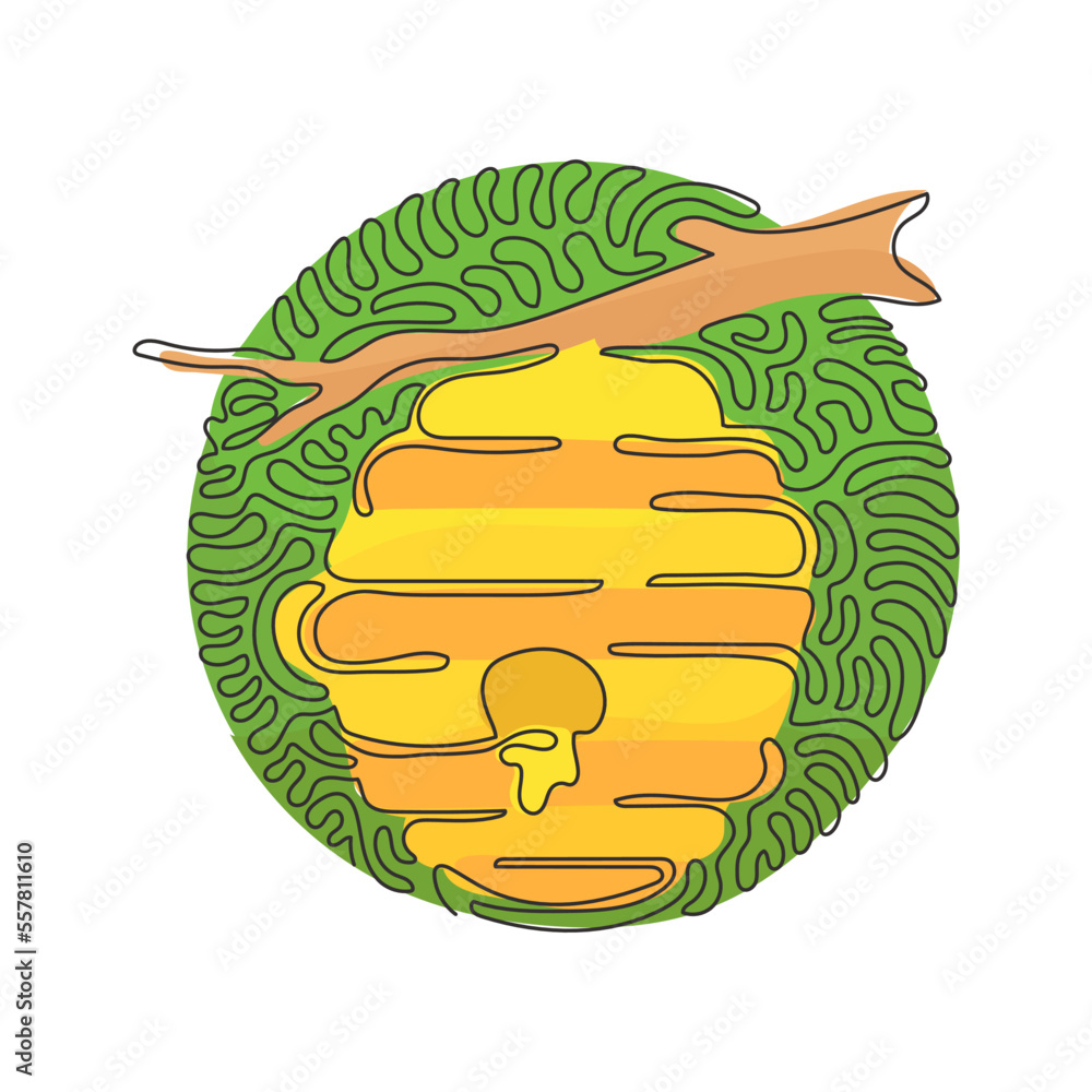 Poster single one line drawing honey hive hanging on branch of tree with honey drop. house of bee. source o