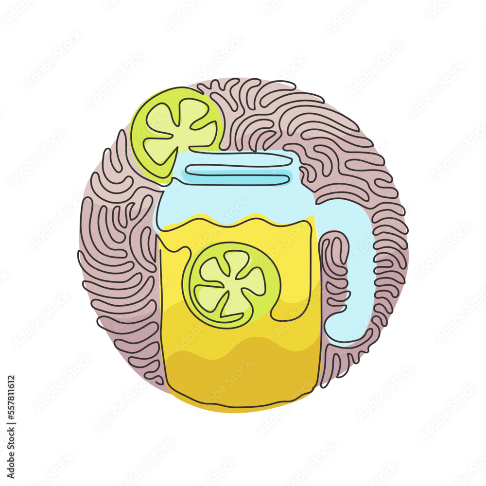Poster single continuous line drawing hand drawn lemon, lemon slice, jar with lemonade. freshness cold drin