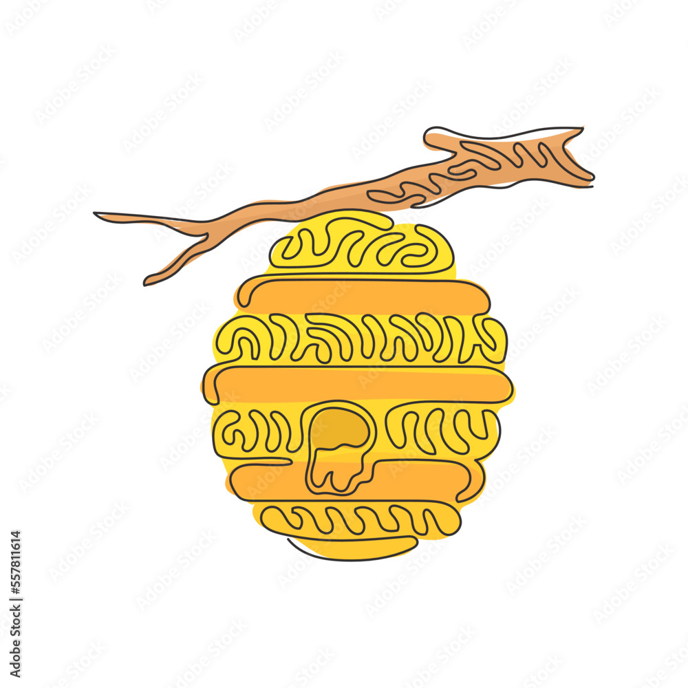 Poster continuous one line drawing honey hive hanging on branch of tree with honey drop. house of bee. sour