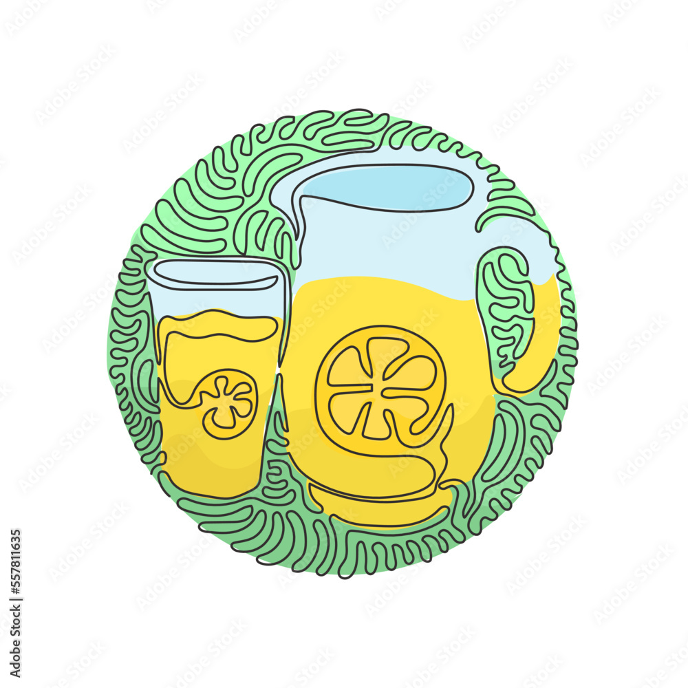 Poster single one line drawing lemonade in jug and glass. glass and pitcher with lemons and ice cubes. swir
