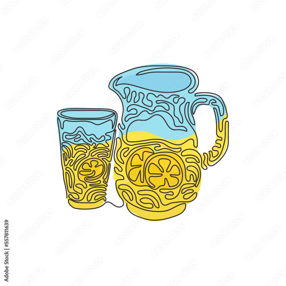 Poster single continuous line drawing lemonade in jug and glass. glass and pitcher with lemons and ice cube