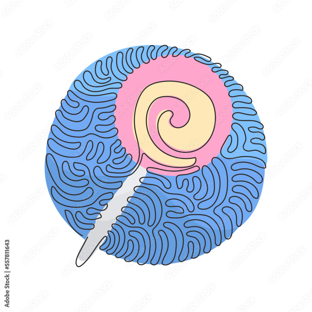 Poster continuous one line drawing swirl lollipops. colored sugar candies. sweet candy on stick with twiste