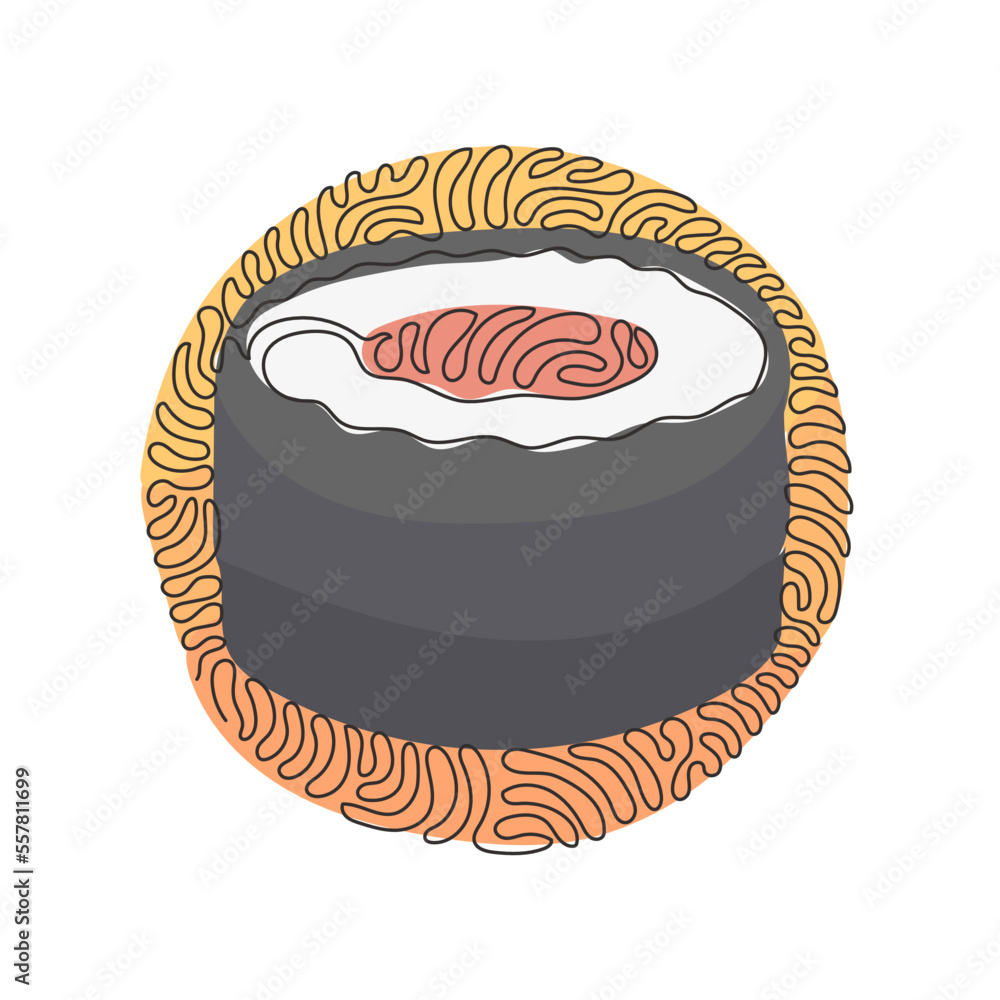 Aufkleber continuous one line drawing sushi roll with salmon. traditional japanese meal. menu in japanese rest