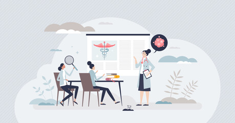 Nursing course and medical doctor education learning tiny person concept. Female teaching academic knowledge for hospital work vector illustration. Professional occupation training at university.
