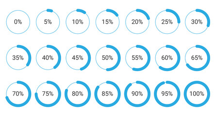 Set of circle percentage diagrams from 0 to 100 for infographic, user interface (UI), web design. Indicator with blue