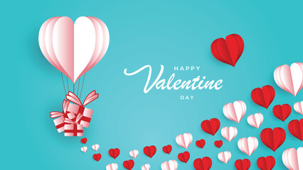 Valentine day with heart baloon and gift. Paper cut style.