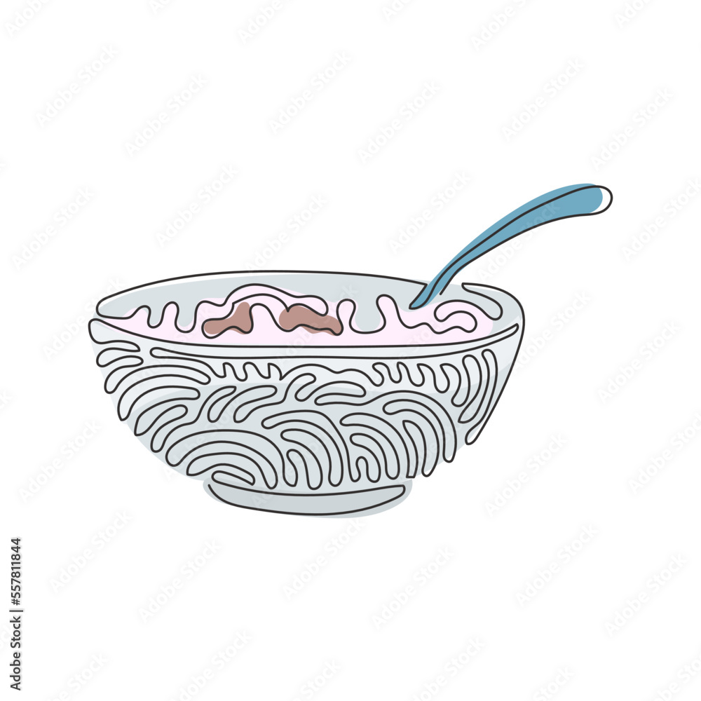 Poster single continuous line drawing corn flakes, cereal and milk splash in bowl. healthy breakfast for ch