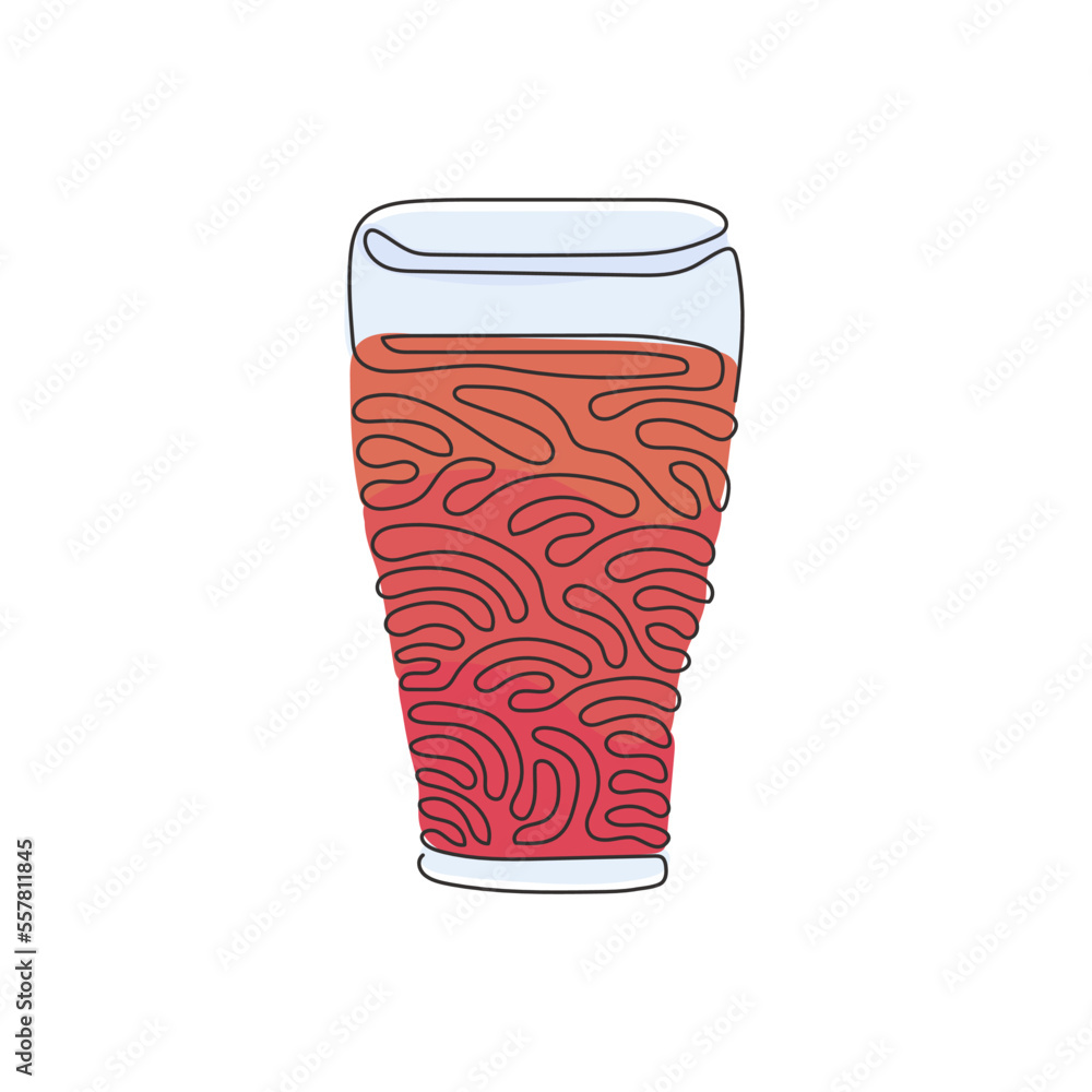 Poster single continuous line drawing soft drink in glass. cold cola soda to crave for refreshing feeling. 