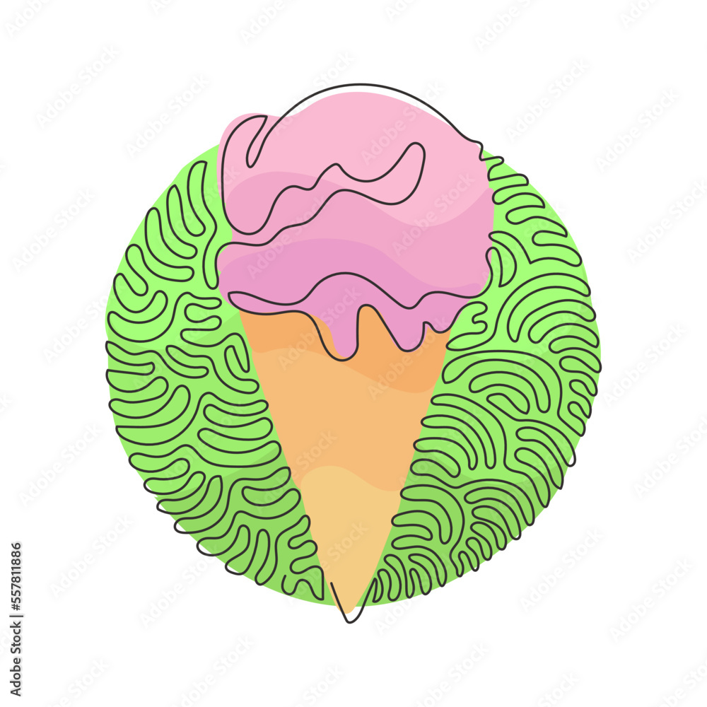 Poster single continuous line drawing delicious ice creams in crispy cone waffles. tasty sweet ice-cream. c