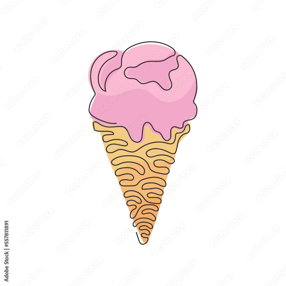Poster single continuous line drawing delicious ice creams in crispy cone waffles. tasty sweet ice-cream. c