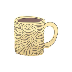 Continuous one line drawing coffee mug for latte, espresso, cappuccino. Hot coffee ready to drink for breakfast in the morning. Swirl curl style. Single line draw design vector graphic illustration