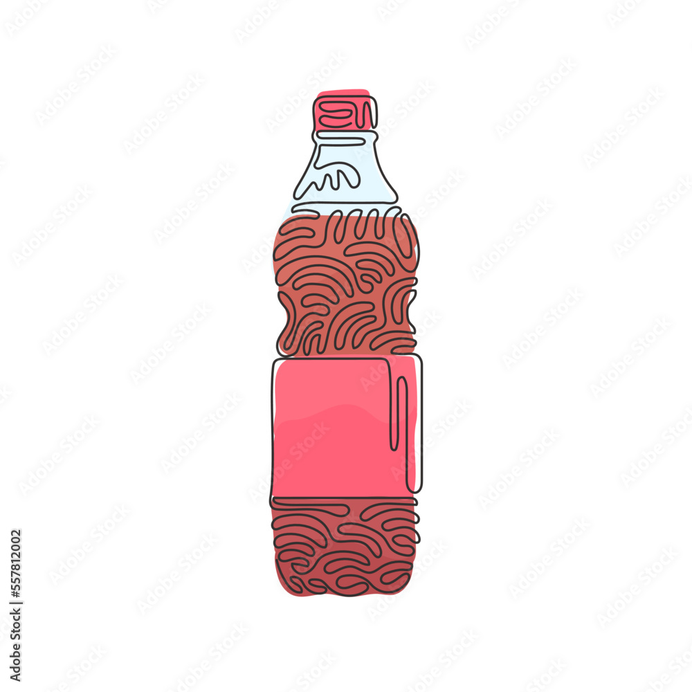 Aufkleber continuous one line drawing soft drink in bottle plastic. cold cola soda to crave for refreshing fee