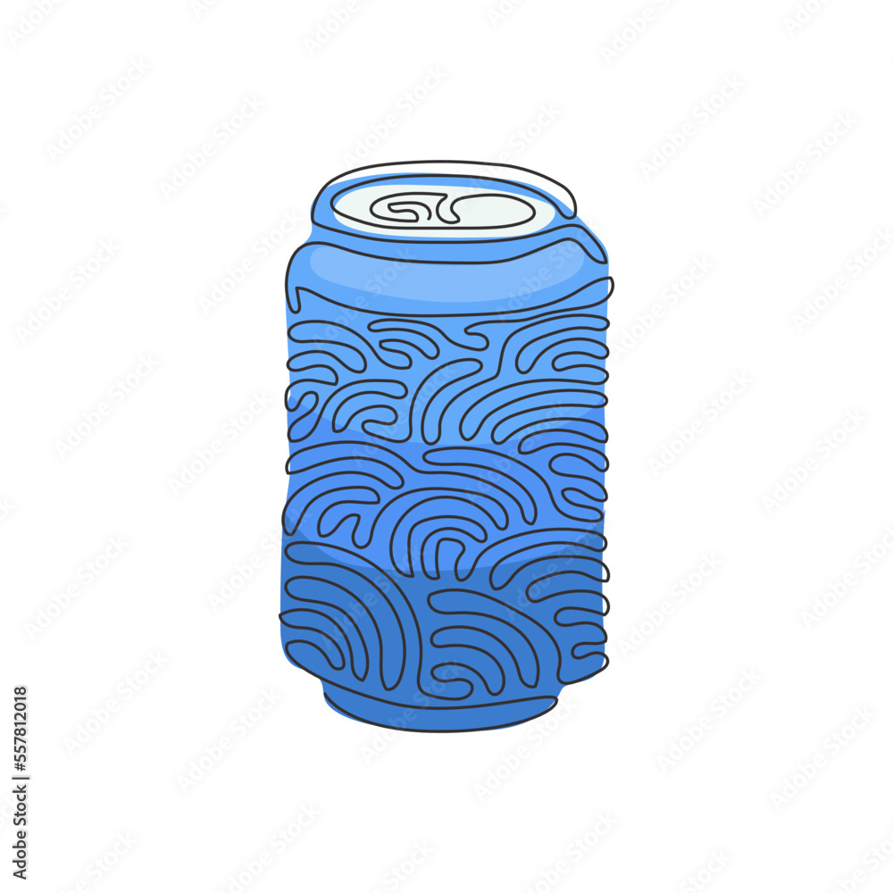 Poster single continuous line drawing soda in aluminum can. soft drink to crave for refreshing feeling. eli