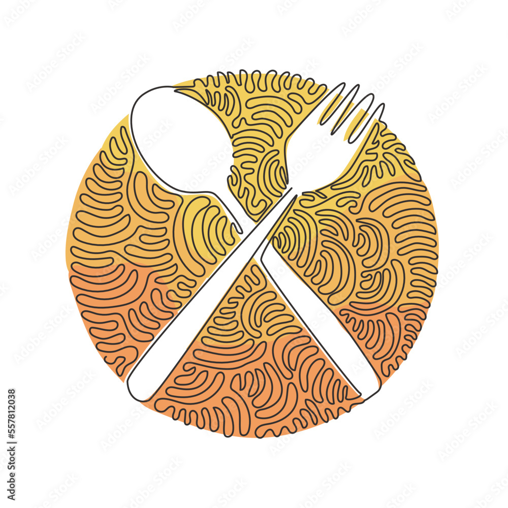 Poster single continuous line drawing crossed spoon and fork icon. restaurant symbol. cutlery simple flat d