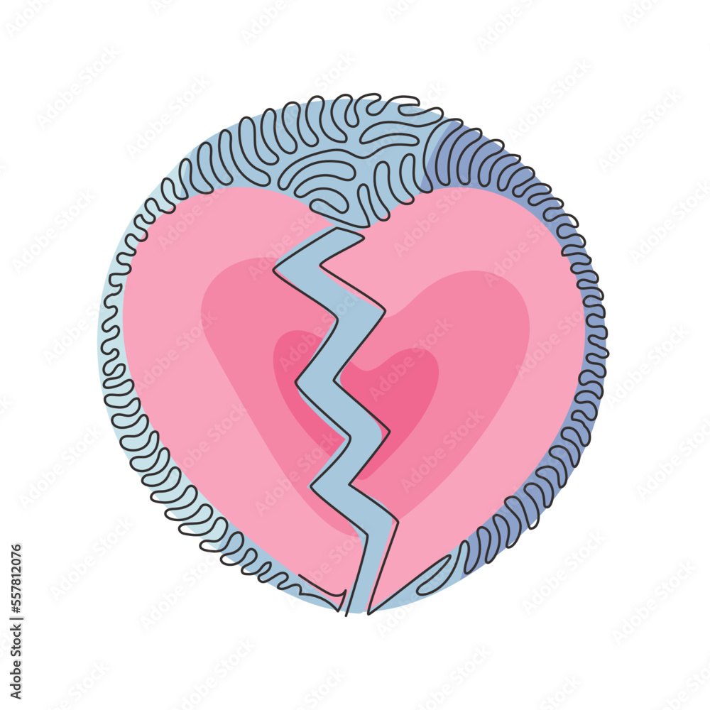 Poster single continuous line drawing love shape broken in two. emoji of heartbreak, broken heart or divorc