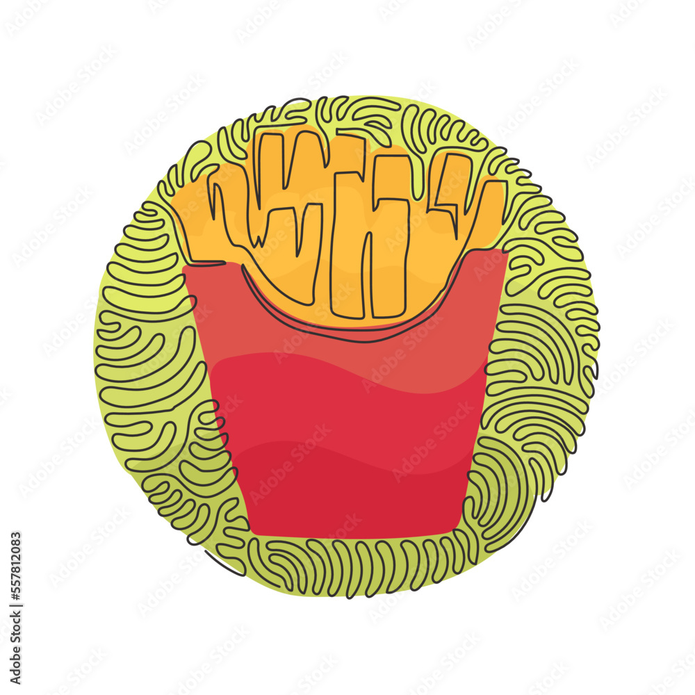Poster continuous one line drawing french fries in paper box package, isolated. fried potato. fast food ret