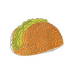 Continuous one line drawing tacos traditional Mexican fast food with tortilla, meat, vegetables, lettuce, cheese, tomato, sauce. Swirl curl style. Single line draw design vector graphic illustration