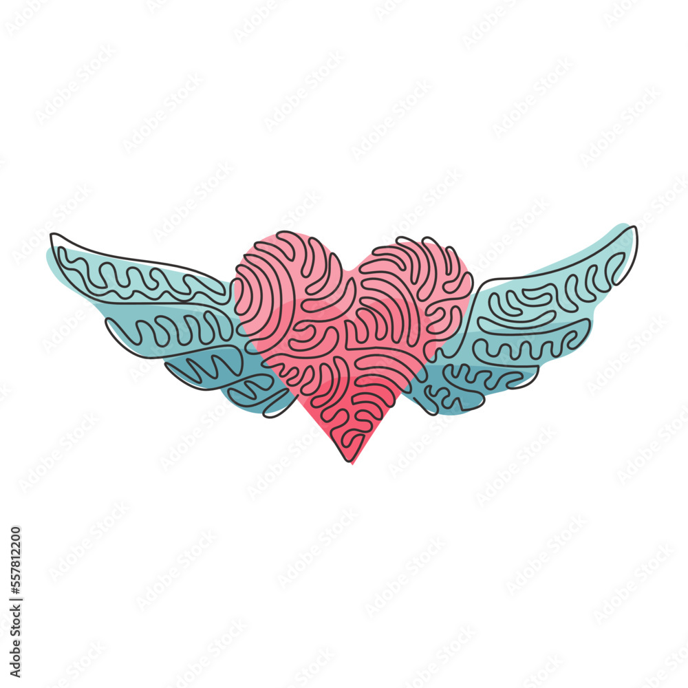 Poster single continuous line drawing heart with open wings holiday romantic decoration logo vector image. 