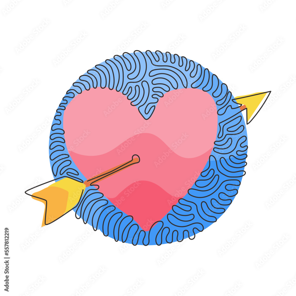 Poster continuous one line drawing heart with arrow icon doodle style. vector illustration. romantic decora