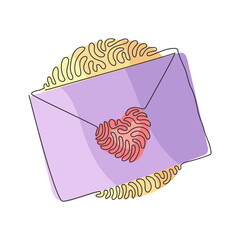 Single continuous line drawing envelope sealed with heart. Love letter or affectionate greeting card. Messages of love and happiness. Swirl curl circle background style. Dynamic one line draw graphic