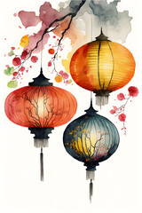 Obraz premium chinese lantern hanging in the tree, chinese lanterns in white background, lunar New year decorations in a white background 