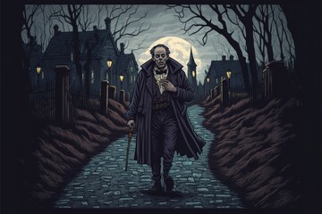 Obraz na płótnie Canvas A drunk man walking through a cemetery to his death