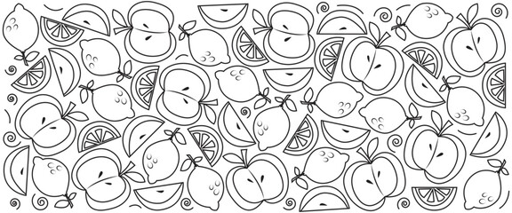 Line Art Fruits Background Layout Banners Design. Fruits Icon. Horizontal Poster, Greeting Card, Header For Website 