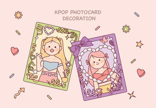 A cute idol photo card. A cute photo frame decorated with ribbons and stickers.