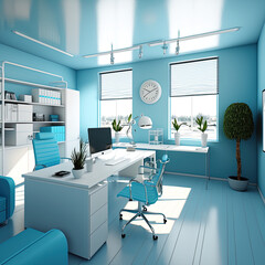 Fototapeta na wymiar light blue office working space design, architecture design, generative AI