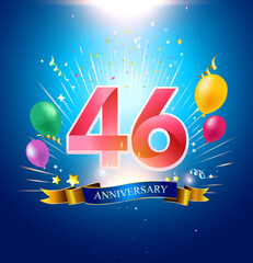 46th Anniversary with balloon, confetti, and blue background