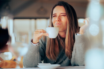 Displeased Woman Disliking Coffee for Tasting and Smelling Bad. Unhappy customer hating bitter...