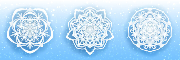 3D white paper Flower-mandala-snowflake with shadow. Set of paper cut design element vector illustration isolated on white-blue color gradient background.