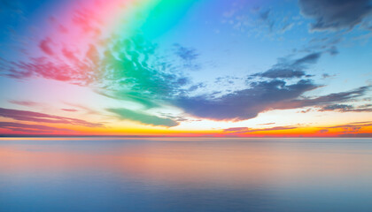 Calm sea before storm with amazing rainbow at sunset 