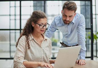 business lady looking at laptop with her colleague in the office