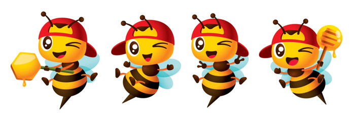 Cartoon cute red cap worker bee wink eyes collection set with different poses. Bee character holding honey dipper and honey comb signage, showing victory hand signs, open arms and legs vector mascot