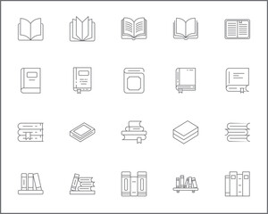 Simple Set of book Related Vector Line Icons.
Vector collection of reading, book stack, notes, study, library, education, open book and design elements symbols or logo element.