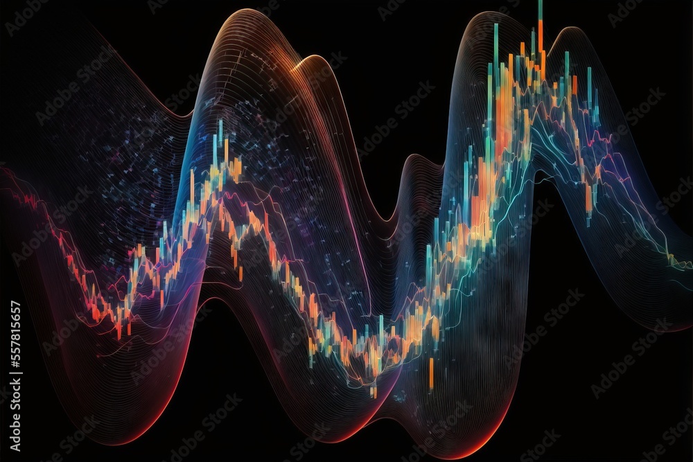 Poster a colorful graphic of a wave with a graph on the bottom of it and a line of data on the bottom of th