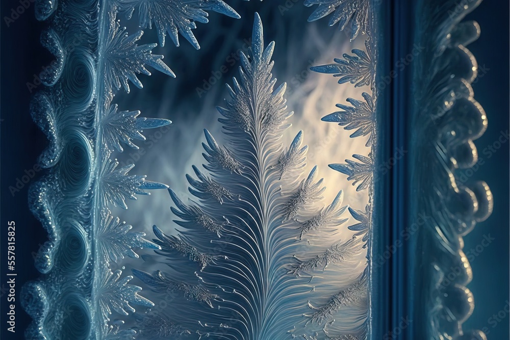 Poster a frosted glass window with a plant in the middle of it and a blue background behind it and a white 