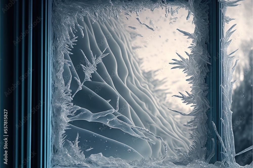Poster a frosty window with a view of a forest through the frosty window pane. generative ai