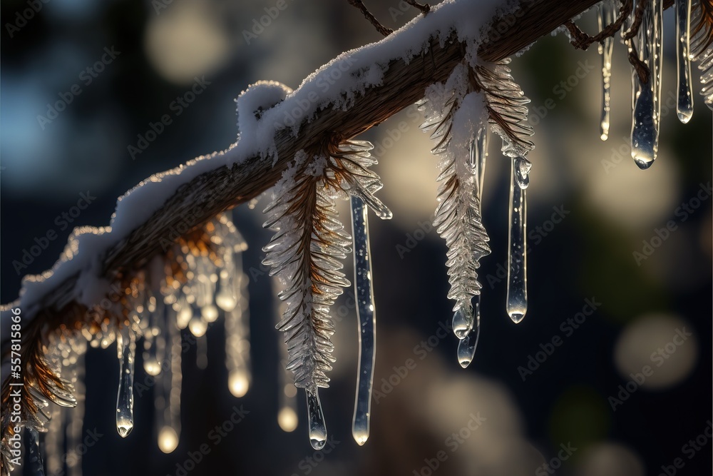 Poster icicles hanging from a tree branch in the wintertime with a blurry background of trees and leaves in
