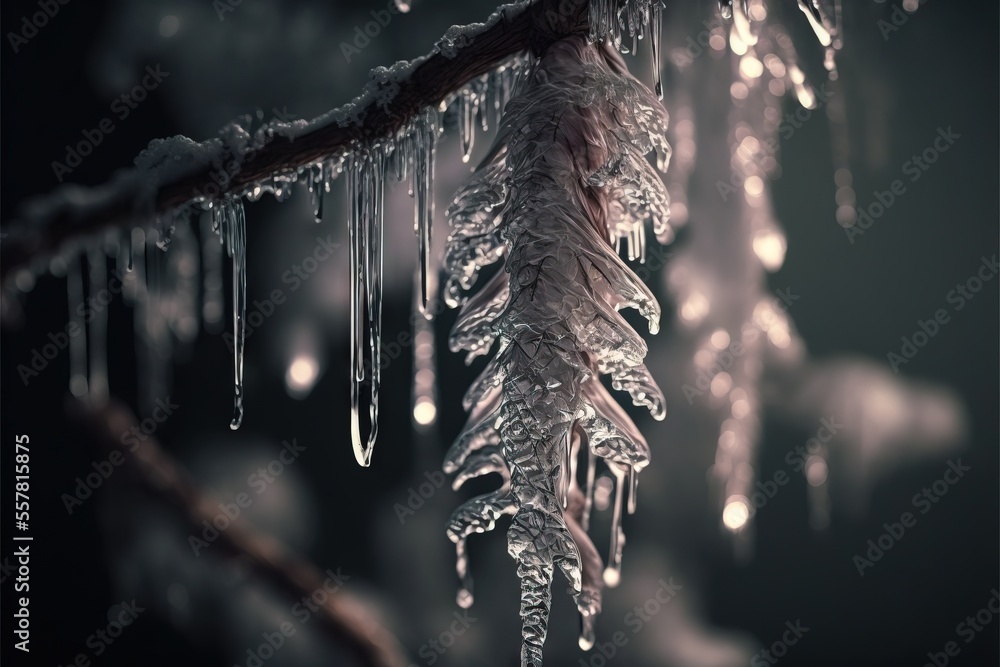 Poster icicles hanging from a tree branch in the wintertime with snow on it and icicles hanging from the br