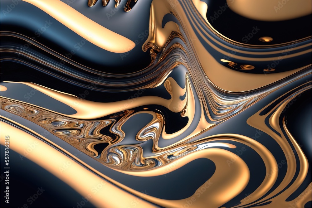 Poster a computer generated image of gold and blue swirls on a black background. generative ai