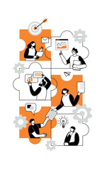 The concept of joint teamwork, building a business team. Vector illustration of working characters, people connecting pieces of puzzles. Metaphor of cooperation and business partnership.
