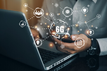 Global network connection 6G with icon concept, technology network wireless systems and internet of things, new technologies coming up in the future.