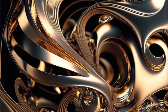  a computer generated image of gold and silver swirls and curves on a black background. Generative AI