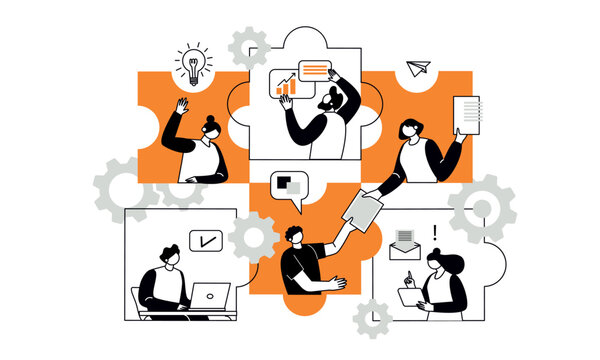 The concept of joint teamwork, building a business team. Vector illustration of working characters, people connecting pieces of puzzles. Metaphor of cooperation and business partnership.
