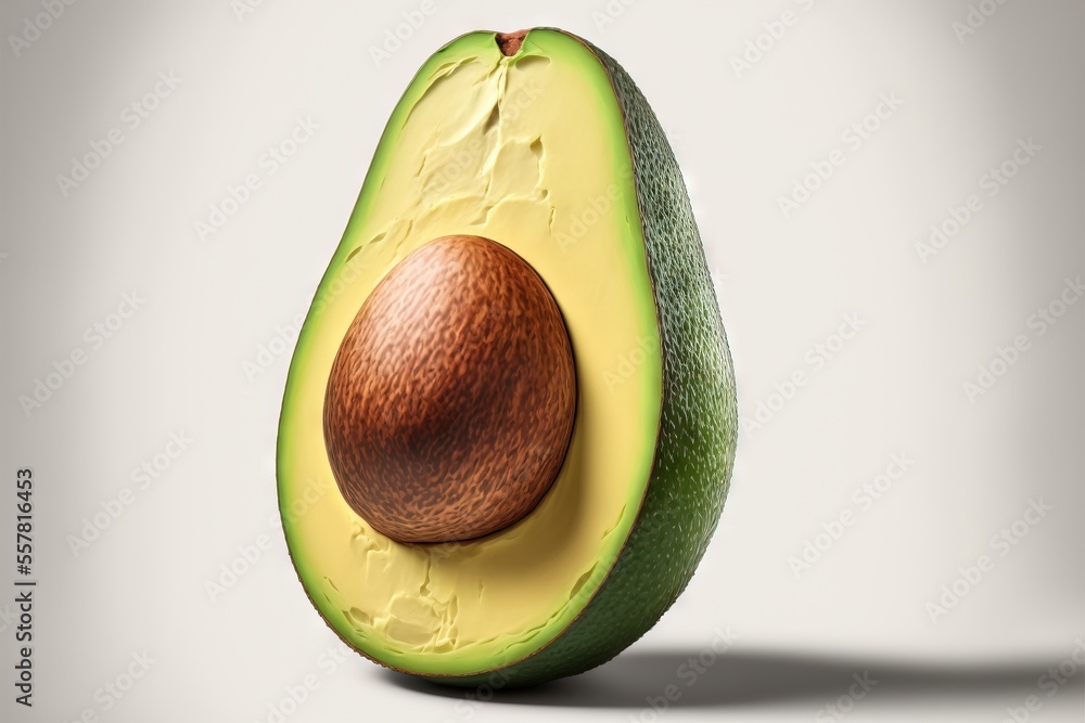Poster an avocado cut in half with a piece of avocado in the middle of the image and a whole avocado in the