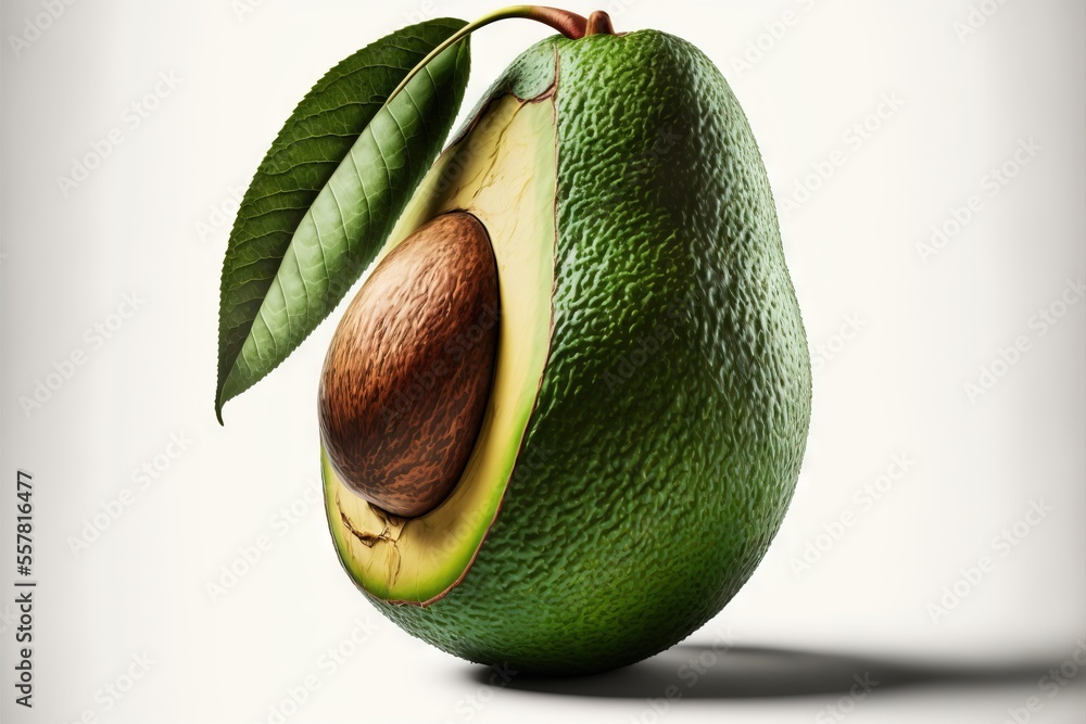 Poster an avocado with a leaf and a nut on the inside of it. generative ai