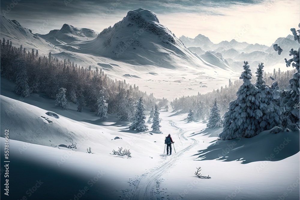 Poster a person walking down a snow covered hill towards a mountain covered in snow covered trees and a sky